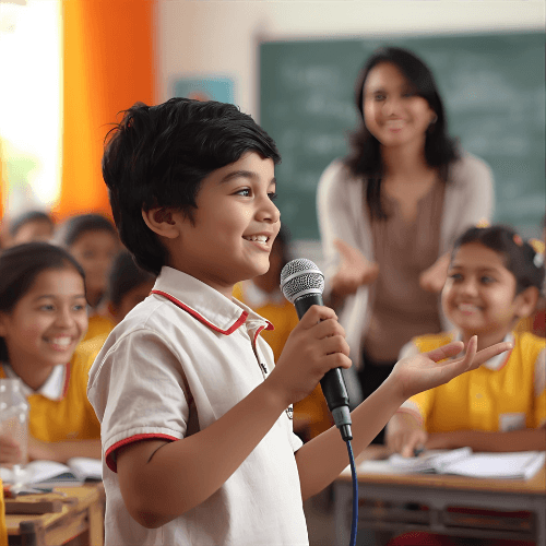 Indian student practicing spoken English with confidence in a classroom